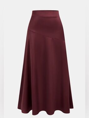 NWT Commense Burgundy Satin A-Line Midi Skirt